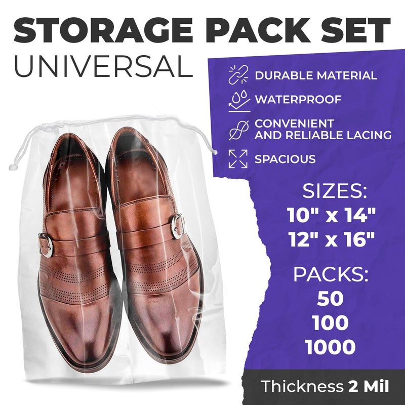APQ Supply Clear Drawstring Travel Bag for Shoes, 10 x 14 Inches. Pack of 50 Waterproof Dust Bags for Shoes with Double Cotton Drawstrings. 2 mil PE Plastic Drawstring Bags for Packing, Storage - Image 2